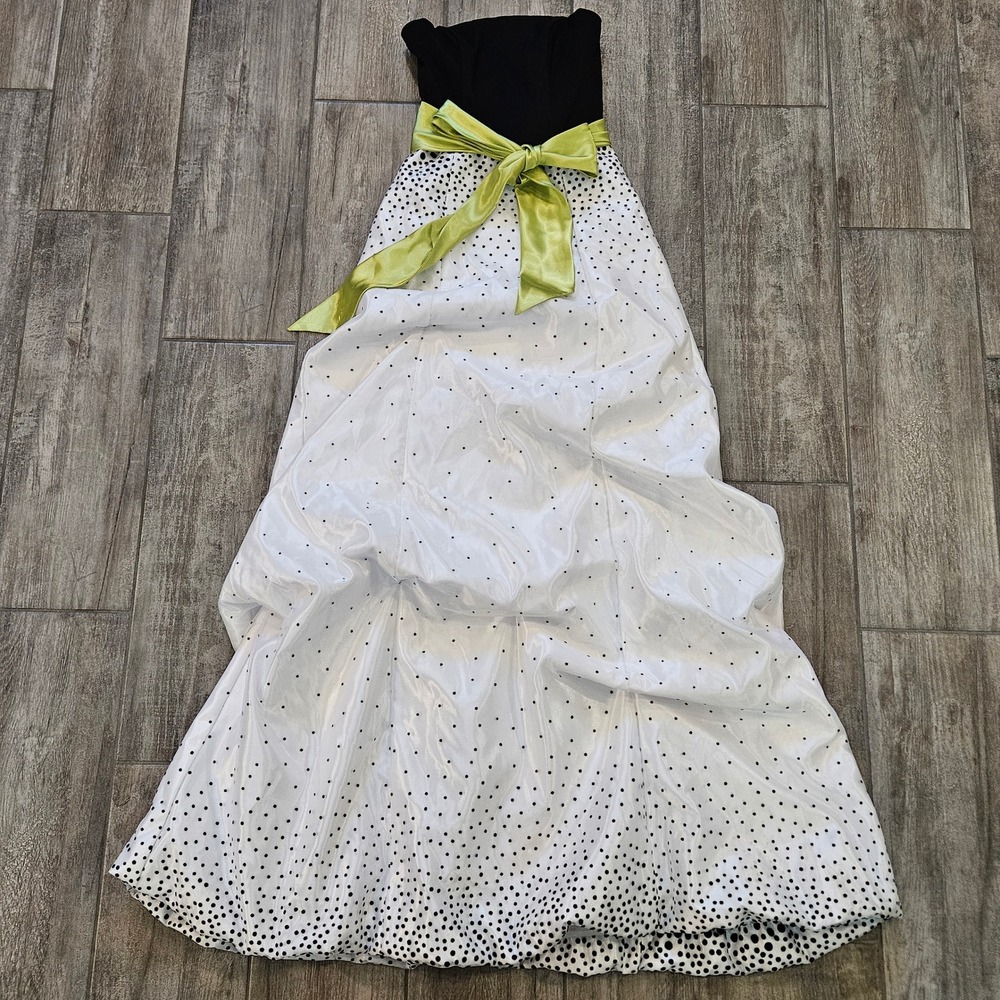 Strapless Black and White Polka Dot Prom Dress with Lime Sash